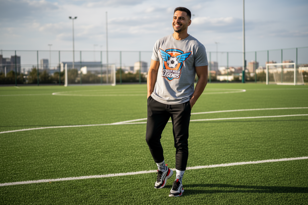 A footballer on turf wearing streetwear football merch tshirt